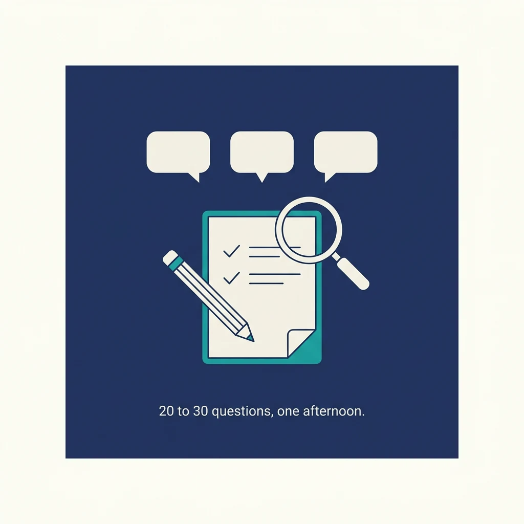 Illustration of a checklist notepad, magnifying glass, and three plain chat bubbles for a DIY AI search check.