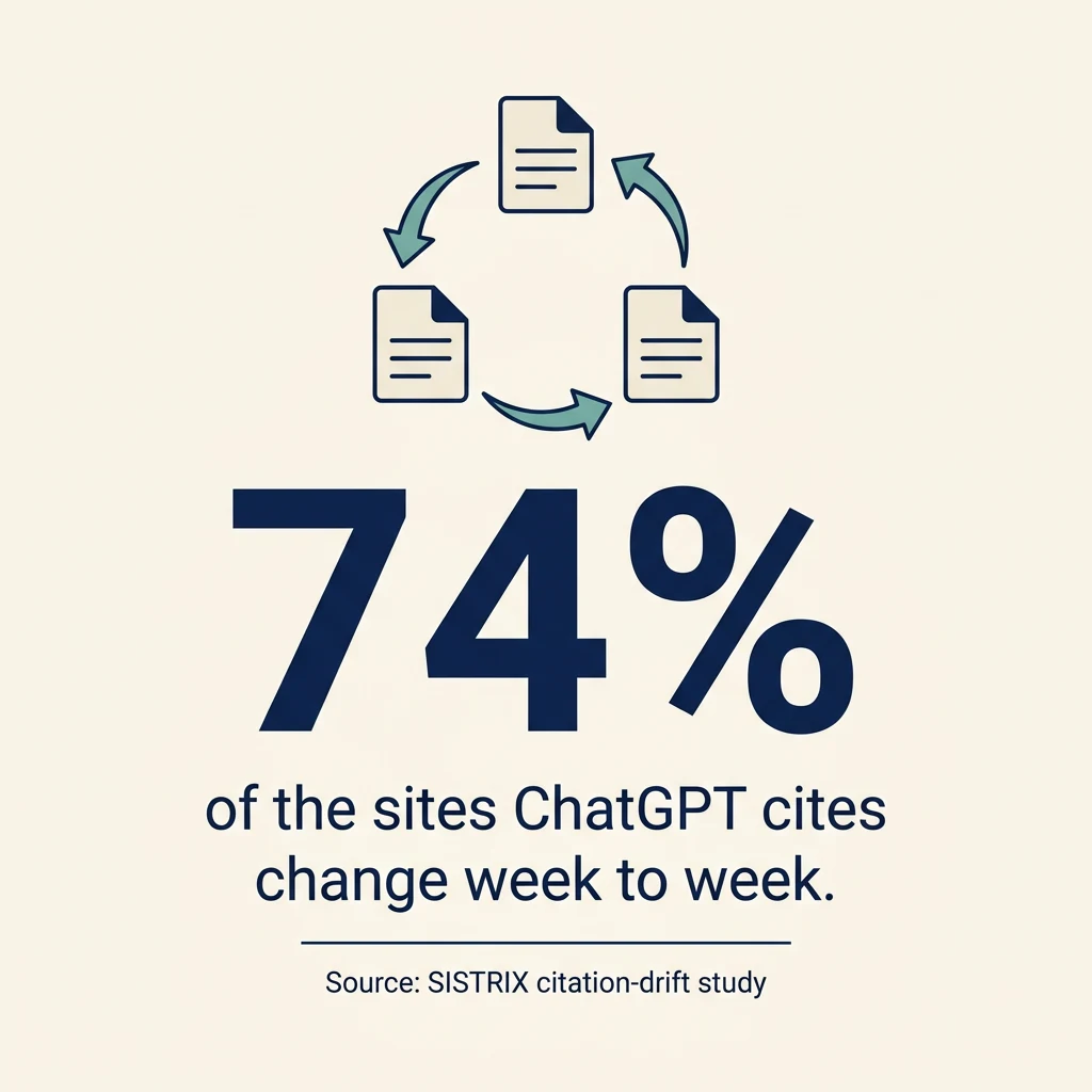 Stat card with rotating icon arrows illustrating that 74 percent of ChatGPT's cited sites change weekly.