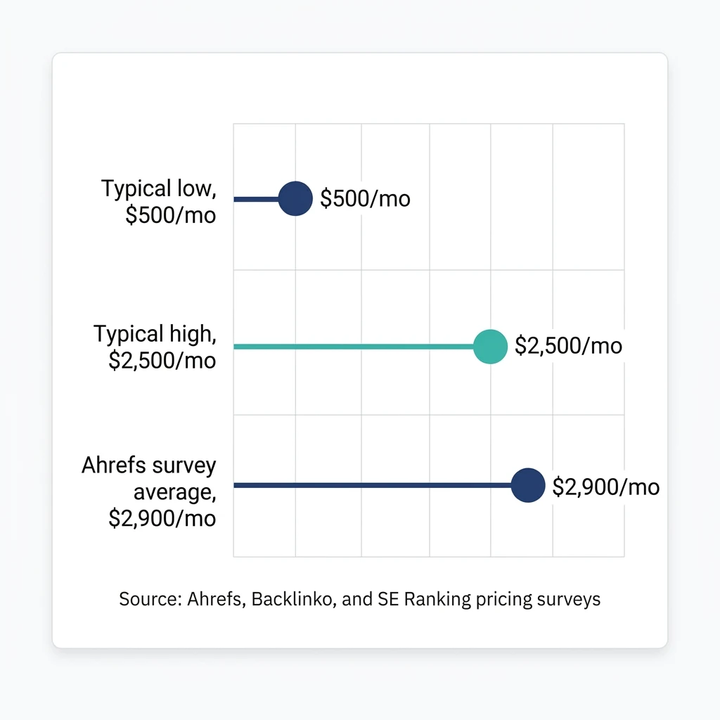 Lollipop chart comparing $500, $2,500, and $2,900 monthly SEO retainer figures.