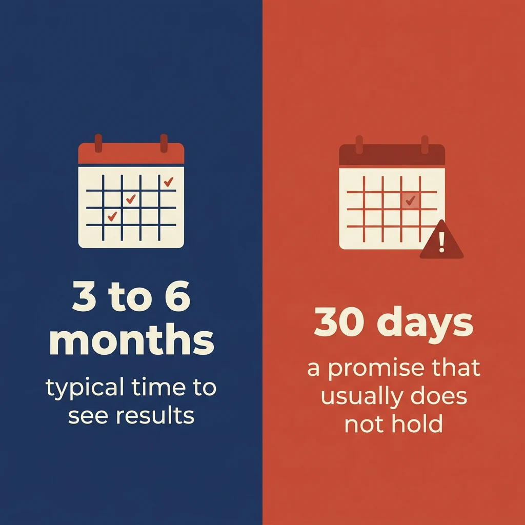 Split card contrasting a realistic 3 to 6 month SEO timeline with a 30-day results promise red flag.