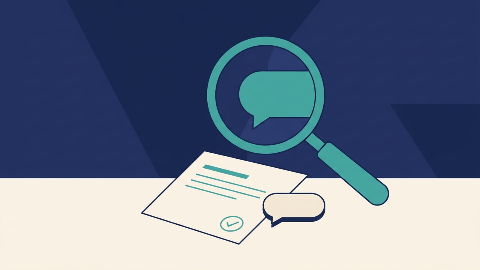 Magnifying glass examining a document and a speech bubble, symbolizing verifying an SEO agency's AI search claims.