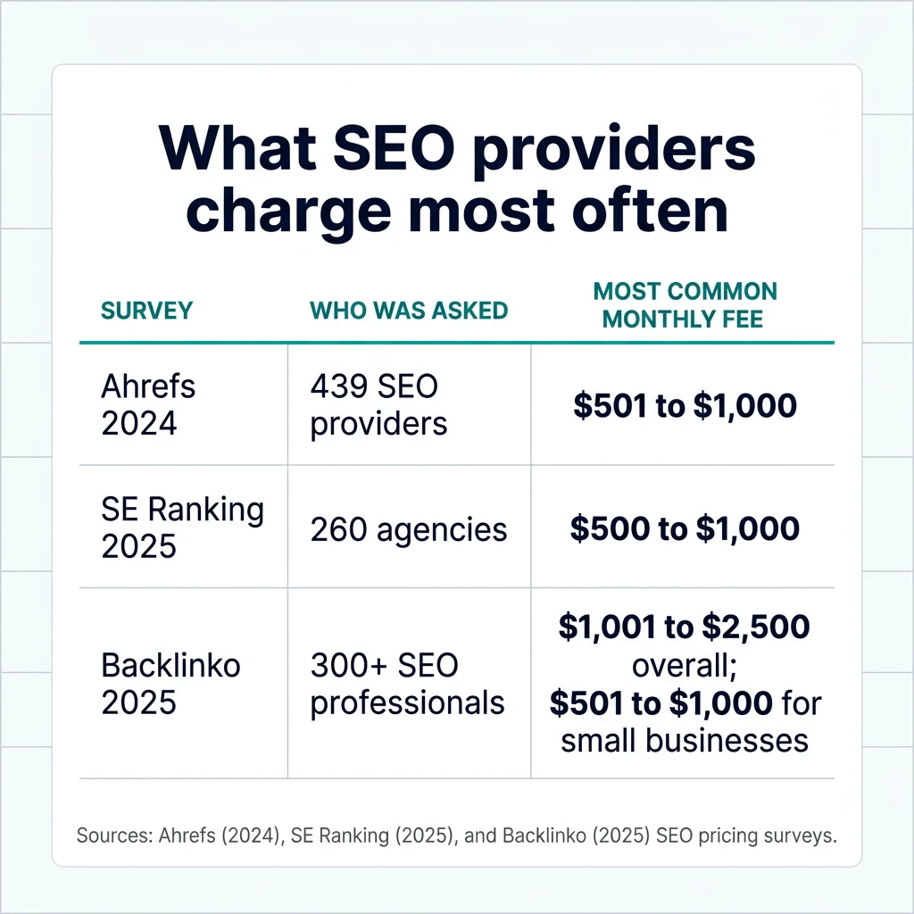 Table of three SEO pricing surveys showing who was asked and the most common monthly fee in each.