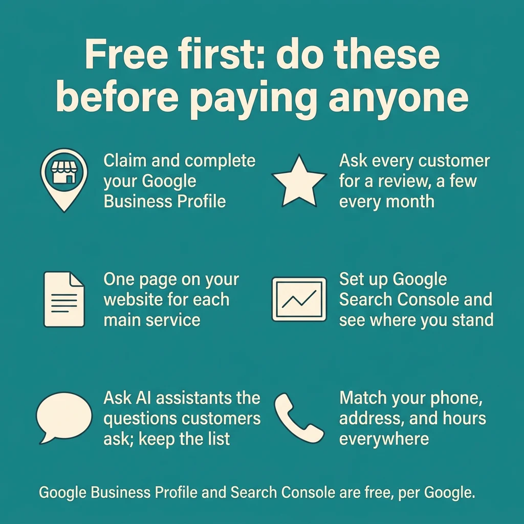 Teal checklist card with six icons for free local SEO tasks to do before paying anyone.