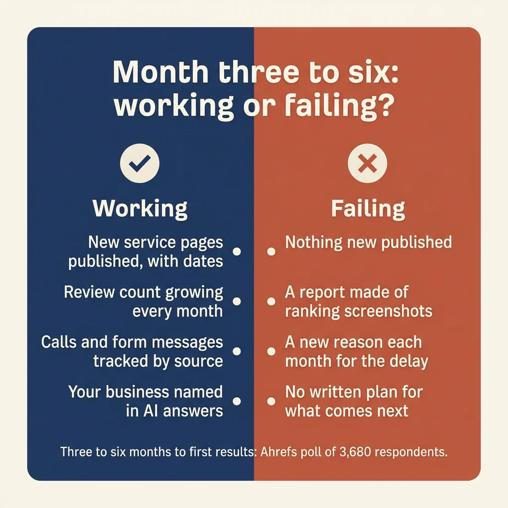 Split card contrasting signs SEO is working, in navy, with signs it is failing, in terracotta, at month three to six.