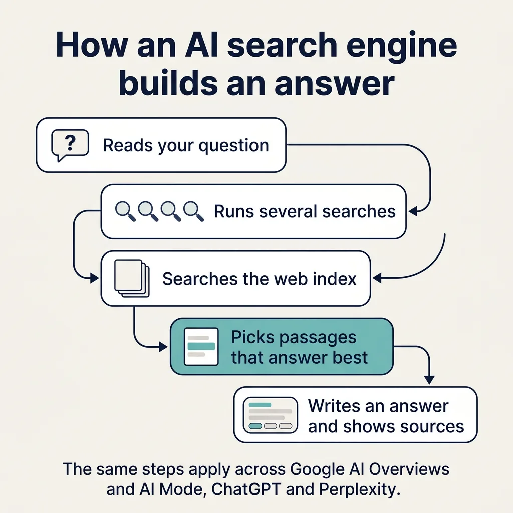 Five-step flow from a question through searches and a web index to passages and a written answer with sources