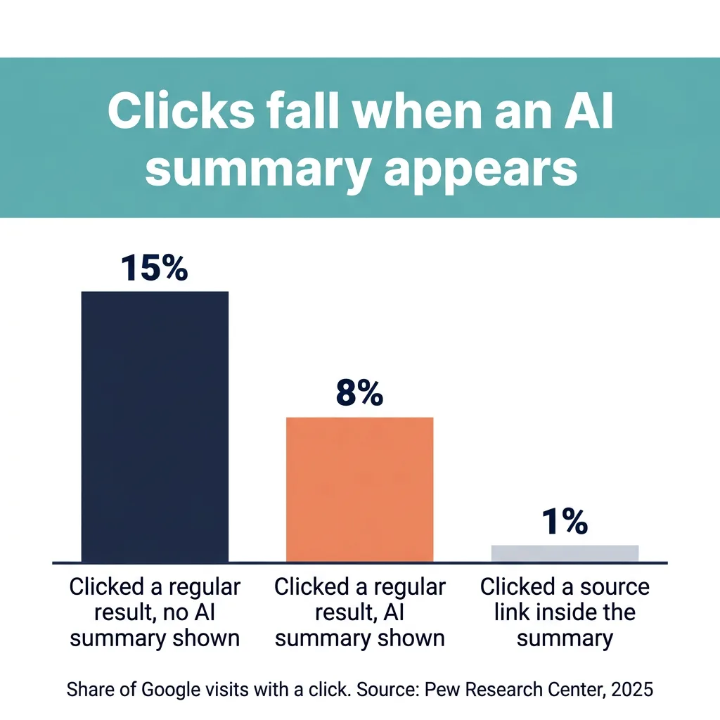 Bar chart comparing 15 percent, 8 percent and 1 percent click rates on Google visits with and without an AI summary