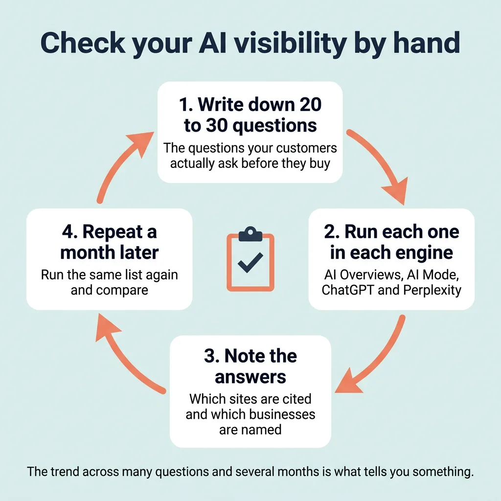 Circular four-step diagram for tracking buyer questions across AI search engines and repeating the check monthly