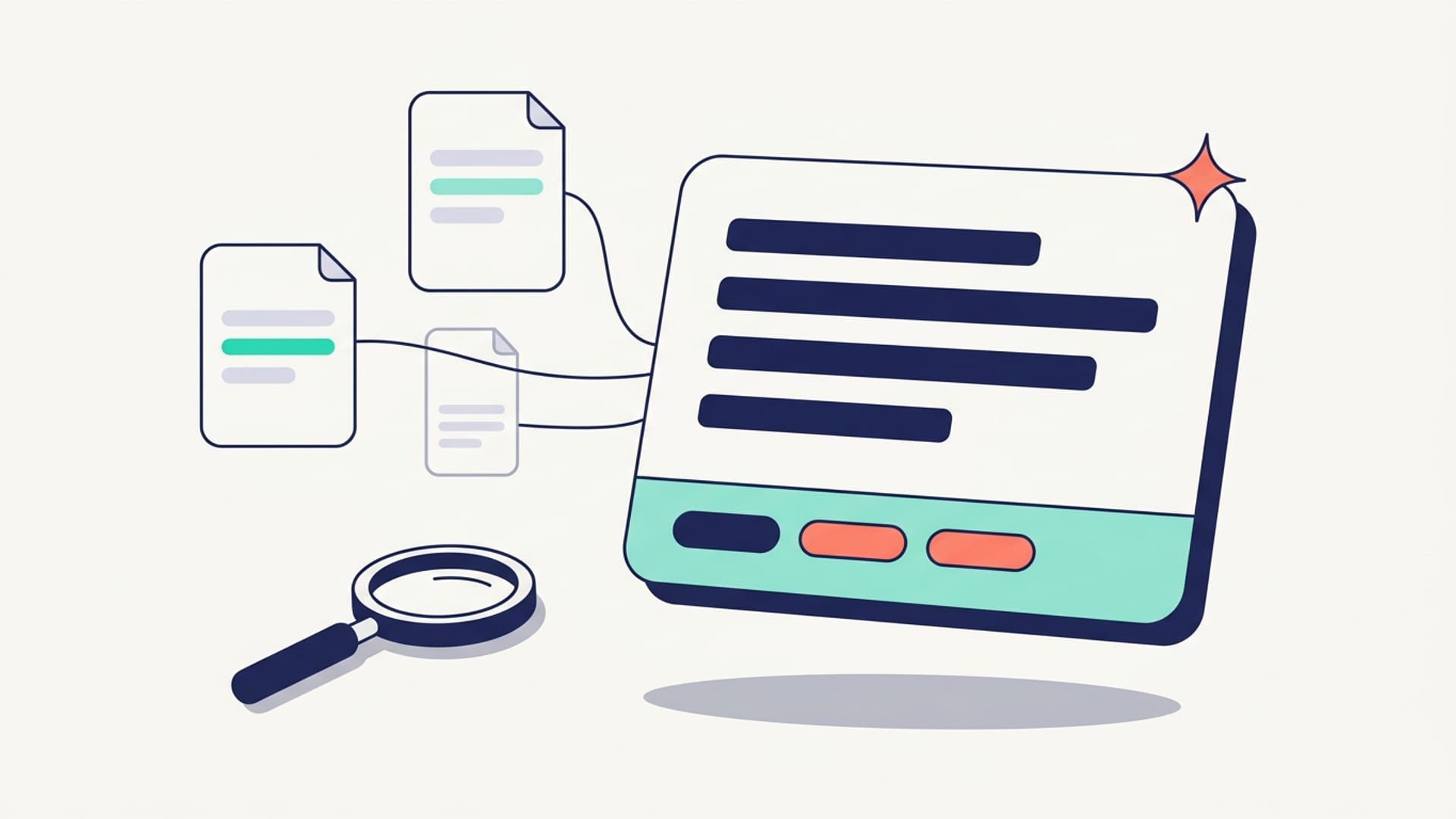 Flat illustration of three web page cards linked by curved lines to a large answer card with citation chips